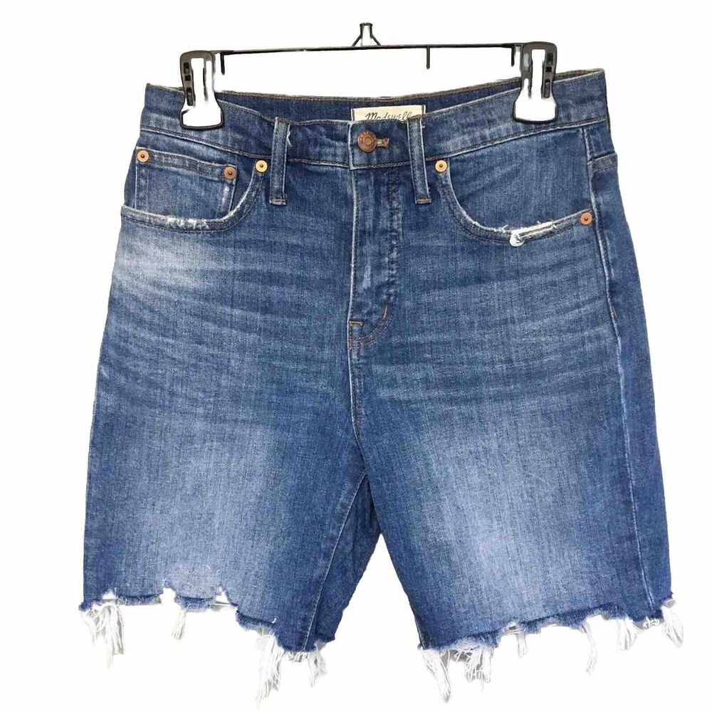 Madewell High-Rise Denim Shorts Size 26 Mid-Length Blue Raw Hem Beach Summer